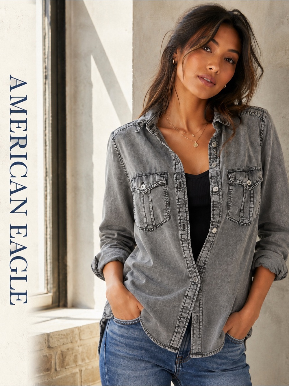 American Eagle Outfitters Grey Washed Denim Button-Down Shirt